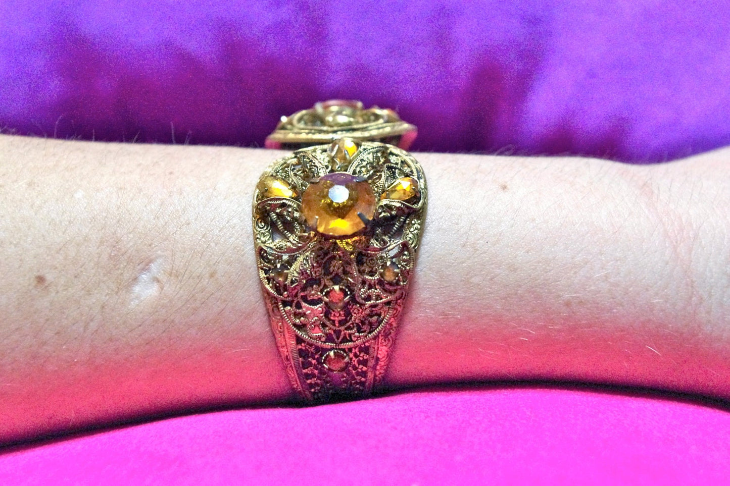 Beautiful Czech Amber Citrine Crystal Prong Set Brass Filigree Hinged Clamper Bracelet
