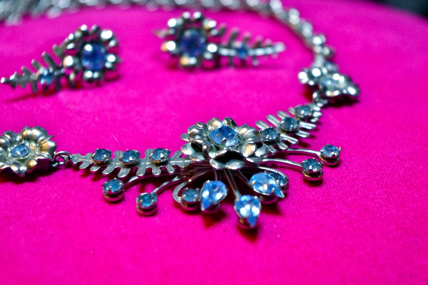 Art Deco Rhodium Silver & Baby Blue Crystal Rhinestone Flower Chevron Necklace and Earrings Parure Set