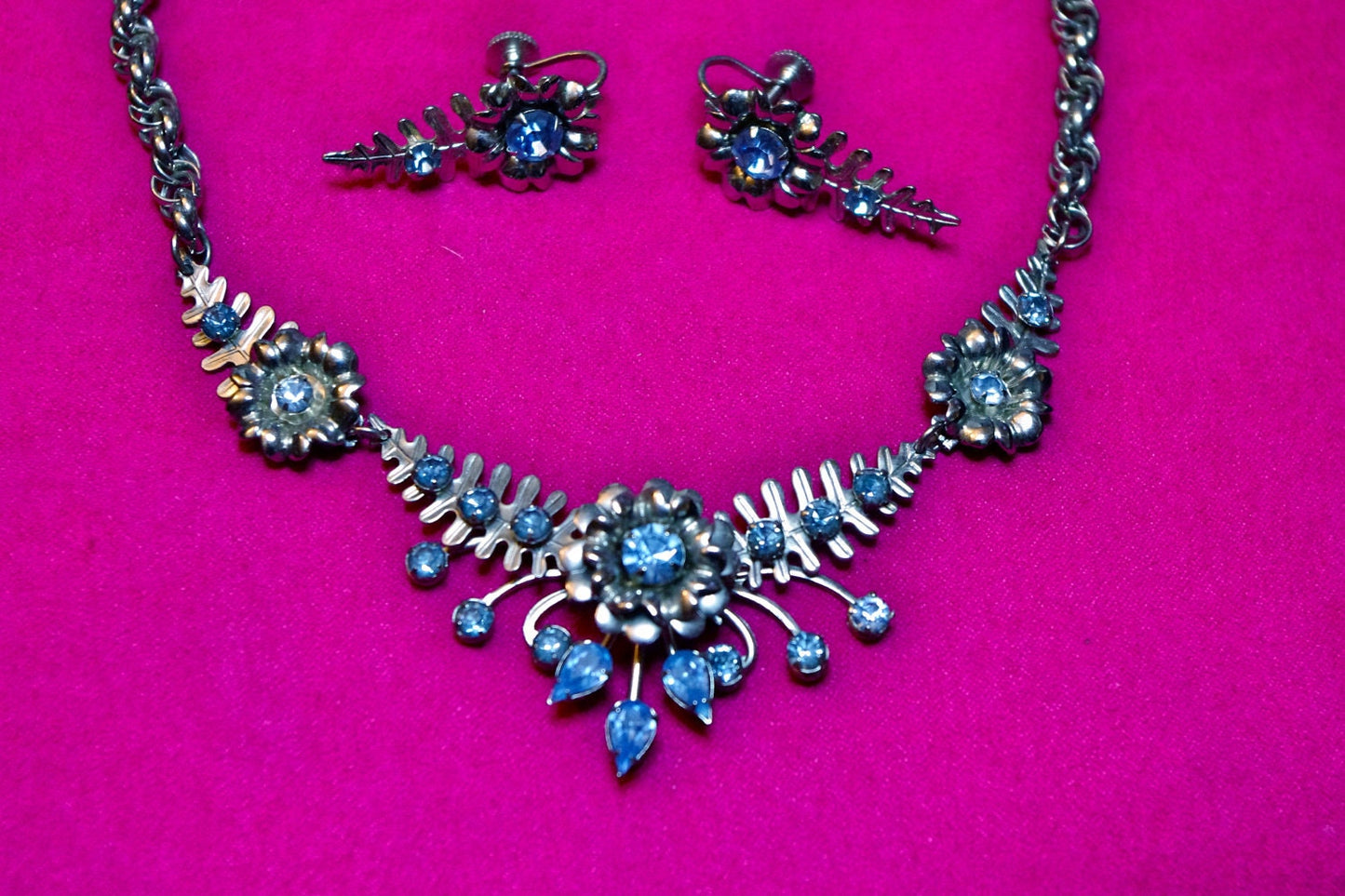 Art Deco Rhodium Silver & Baby Blue Crystal Rhinestone Flower Chevron Necklace and Earrings Parure Set