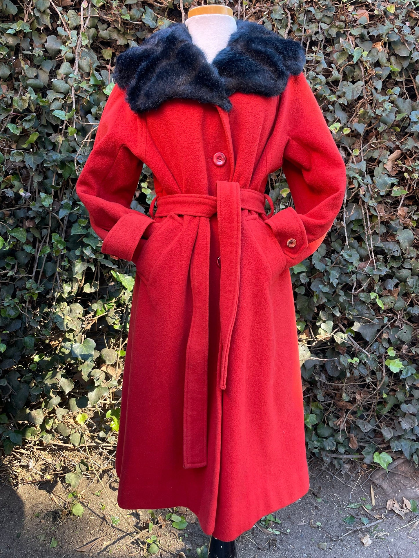 Vintage Red Wool & Black Faux Fur Collar Long Trench Coat