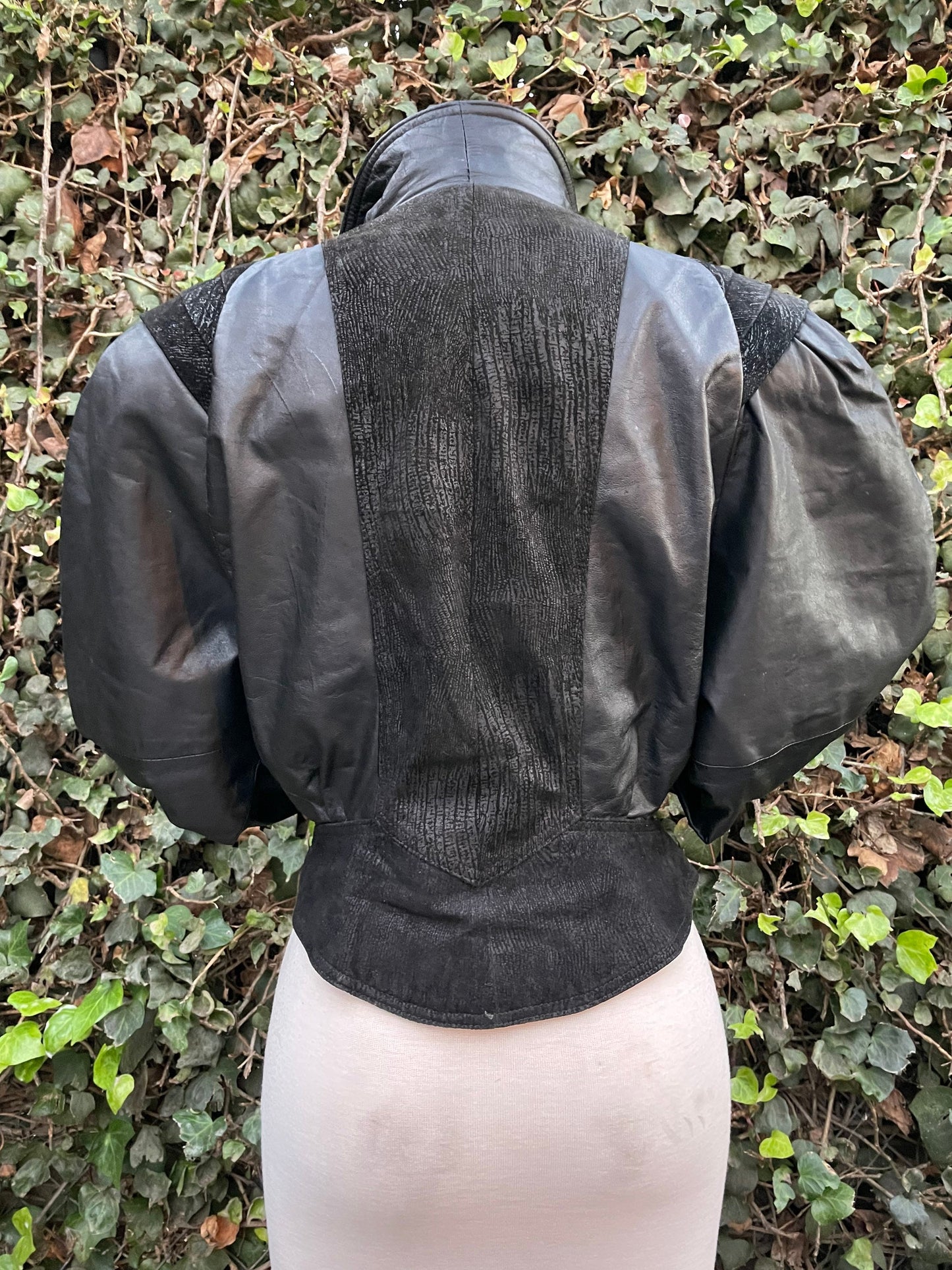 Vintage 1980’s Black Leather & Suede Raglan Batwing Shoulder-Pad Crop Jacket