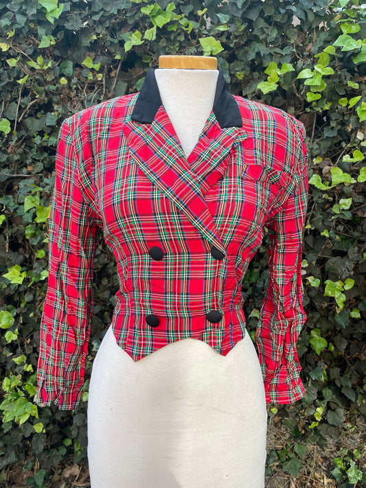 Rampage 1990’s Red Tartan Plaid Double Breasted Button Crop Blazer Jacket