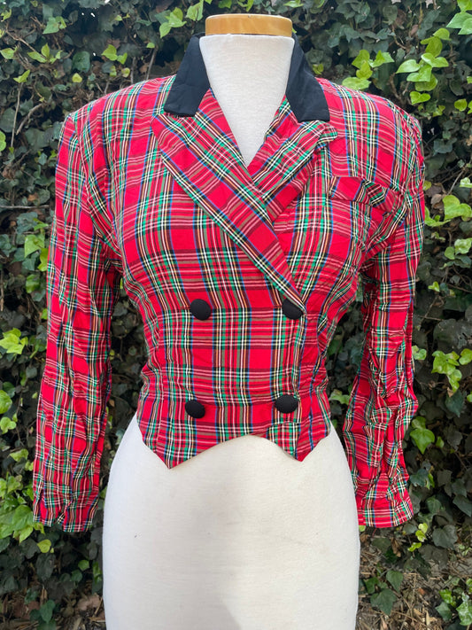 Rampage 1990’s Red Tartan Plaid Double Breasted Button Crop Blazer Jacket