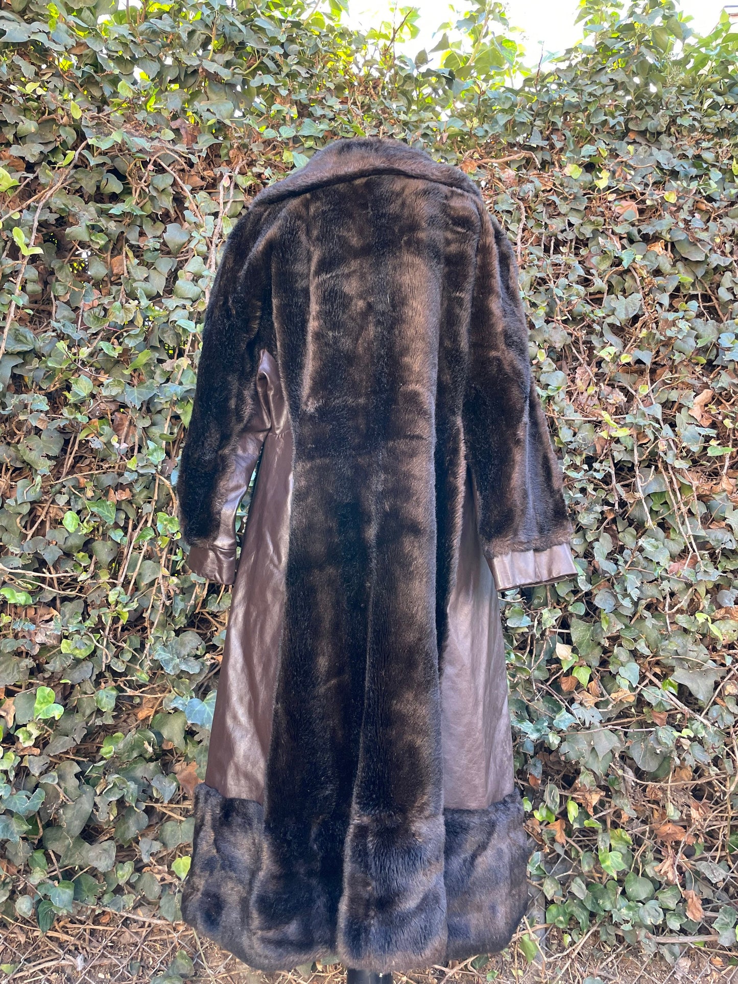 1970’s Vintage Faux Bear Fur & Genuine Leather Long Trench Coat Made in UK
