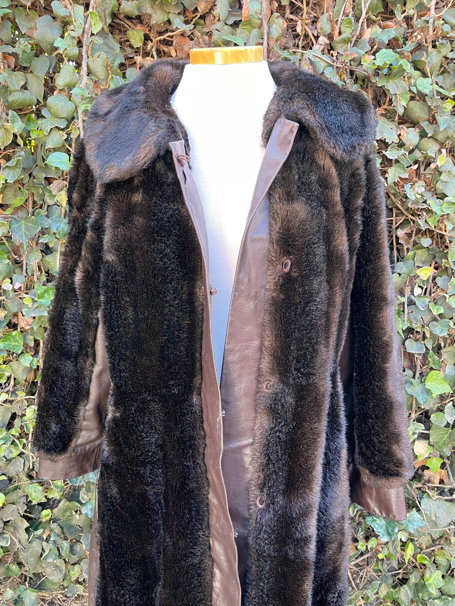 1970’s Vintage Faux Bear Fur & Genuine Leather Long Trench Coat Made in UK