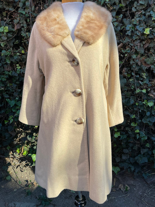 1960 Vintage Light Tan Camel Hair & Fur Collar Long Coat