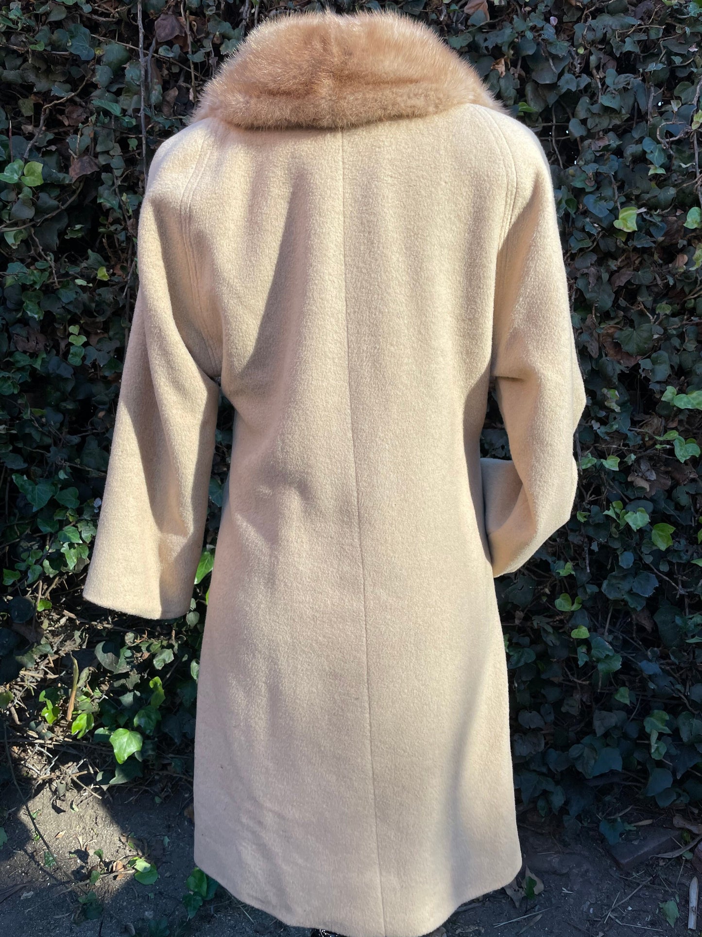 1960 Vintage Light Tan Camel Hair & Fur Collar Long Coat