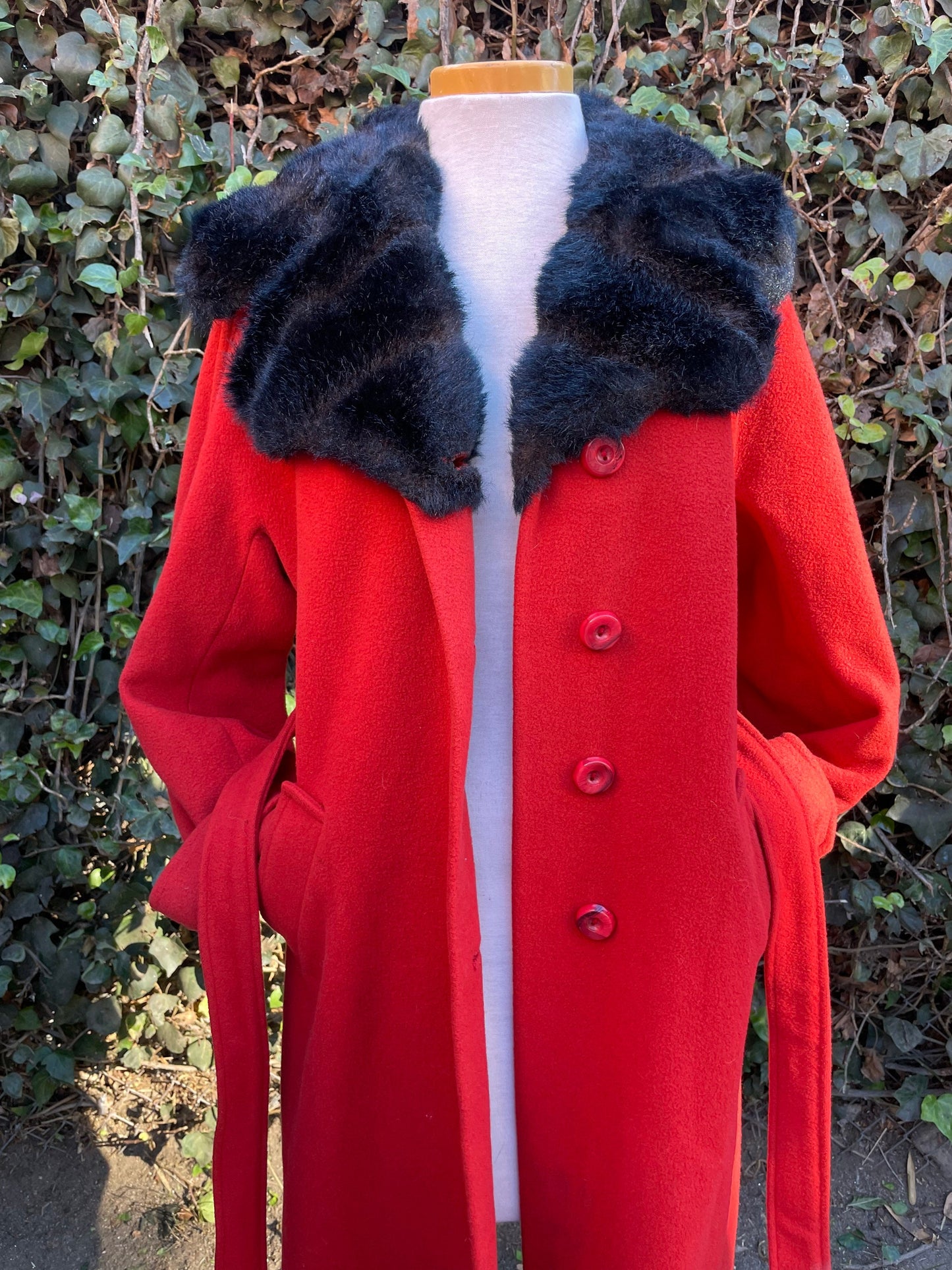 Vintage Red Wool & Black Faux Fur Collar Long Trench Coat
