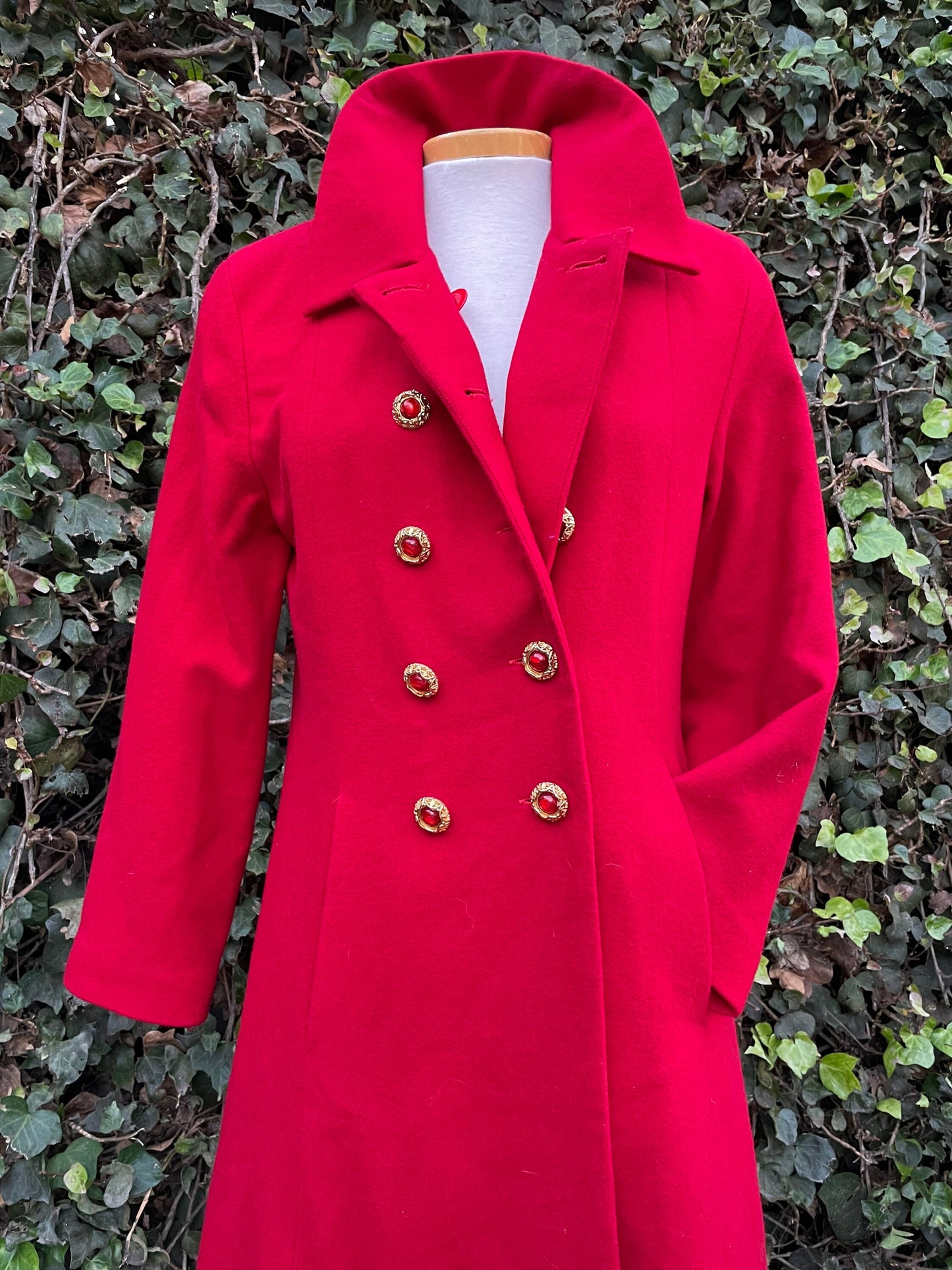 Vintage Red Wool Jewel Button Red Long Peacoat