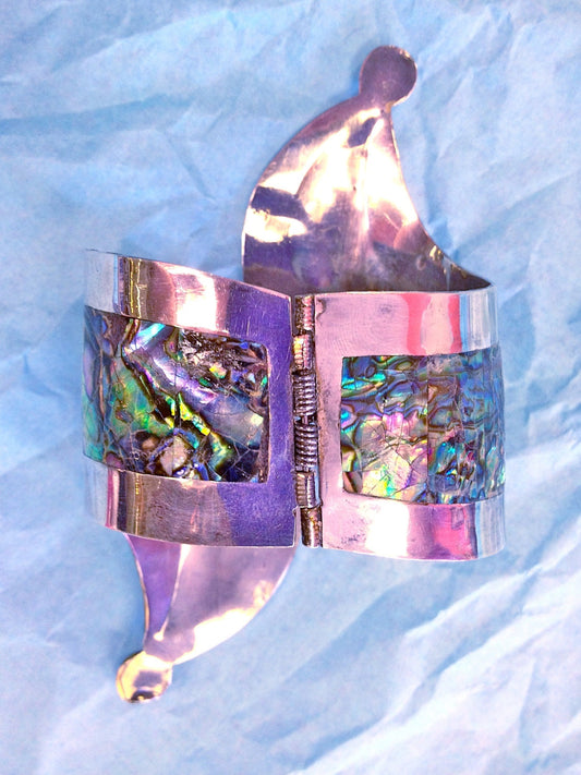 Incredible Antique Mexican 925 Sterling Silver Bypass Hinged Clamper Cuff Bracelet Abalone Shell Inlay