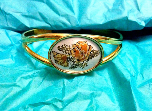 Vintage Reed & Barton Poppy Flower Damascening Gold Over Silver Cuff Bracelet