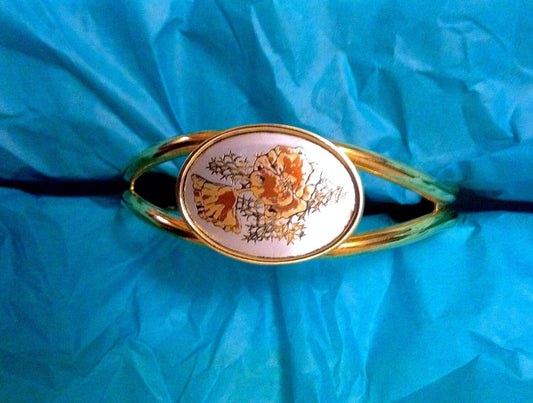 Vintage Reed & Barton Poppy Flower Damascening Gold Over Silver Cuff Bracelet