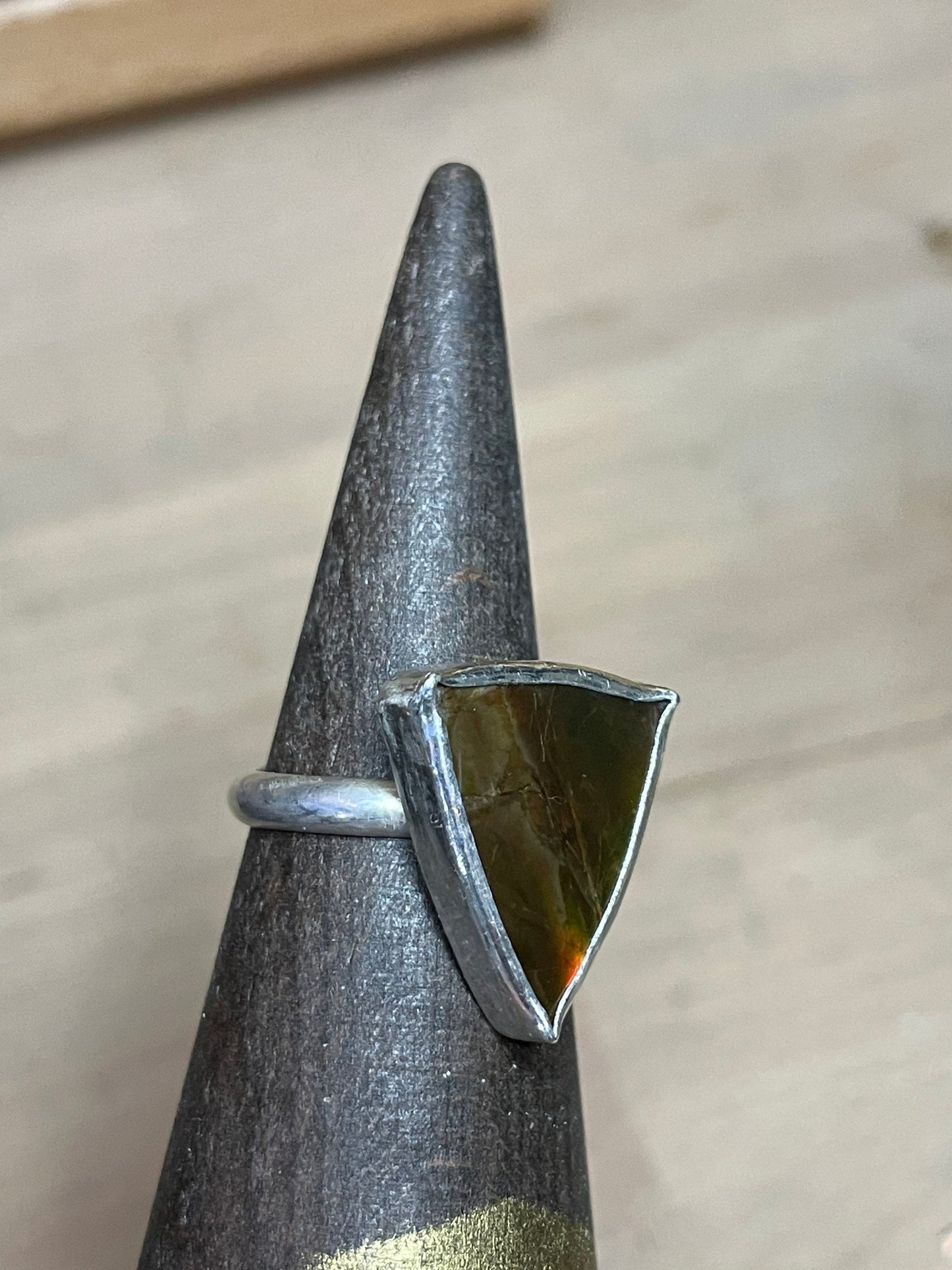 Ammolite Geometric Triangle Gemstone Sterling Silver Modernist Handmade OOAK Ring