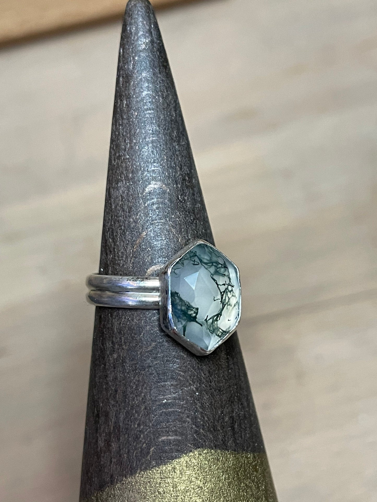 Faceted Moss Agate Gemstone Hexagon Geometric Modernist OOAK Sterling Silver Ring