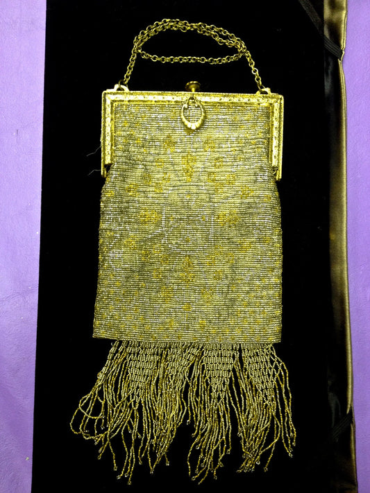 Antique Rococo Revival Victorian Opulent Gold & Silver Micro Bead Locking Metal Engraved Frame Woven Fringe Purse