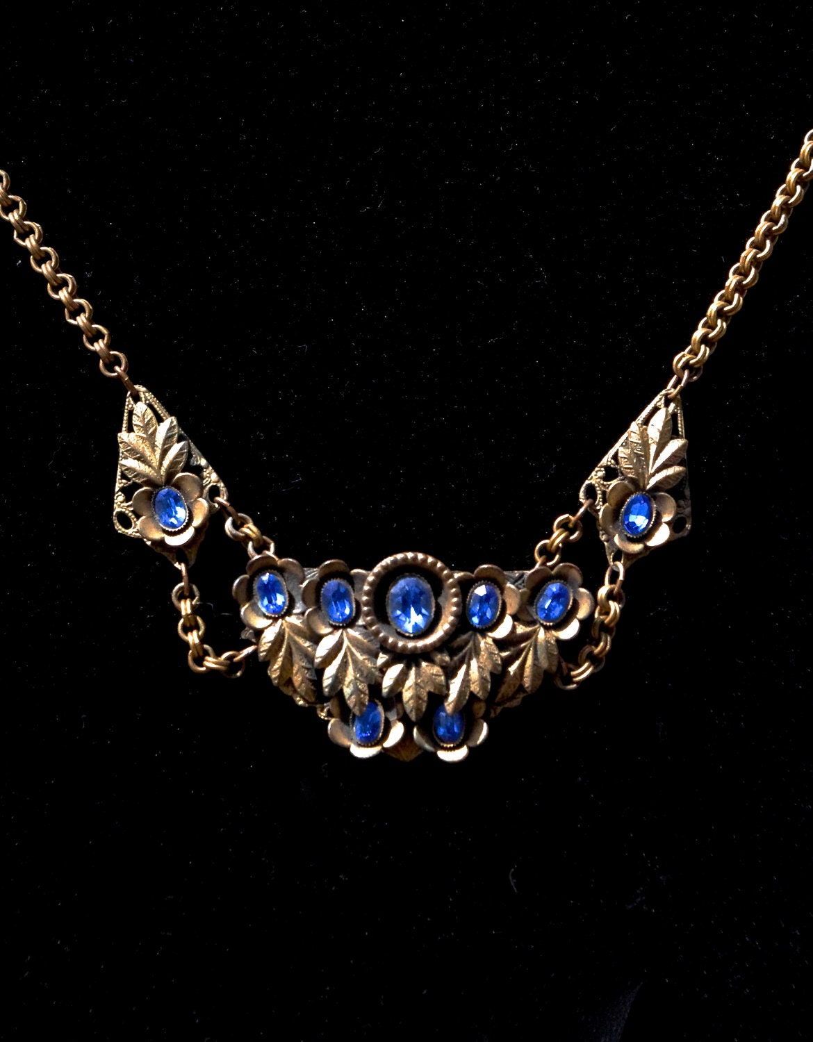 Incredible Victorian Royal Blue Czech Crystal Brass Art Deco Festoon Swag Necklace