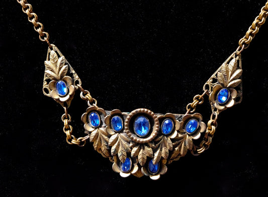 Incredible Victorian Royal Blue Czech Crystal Brass Art Deco Festoon Swag Necklace