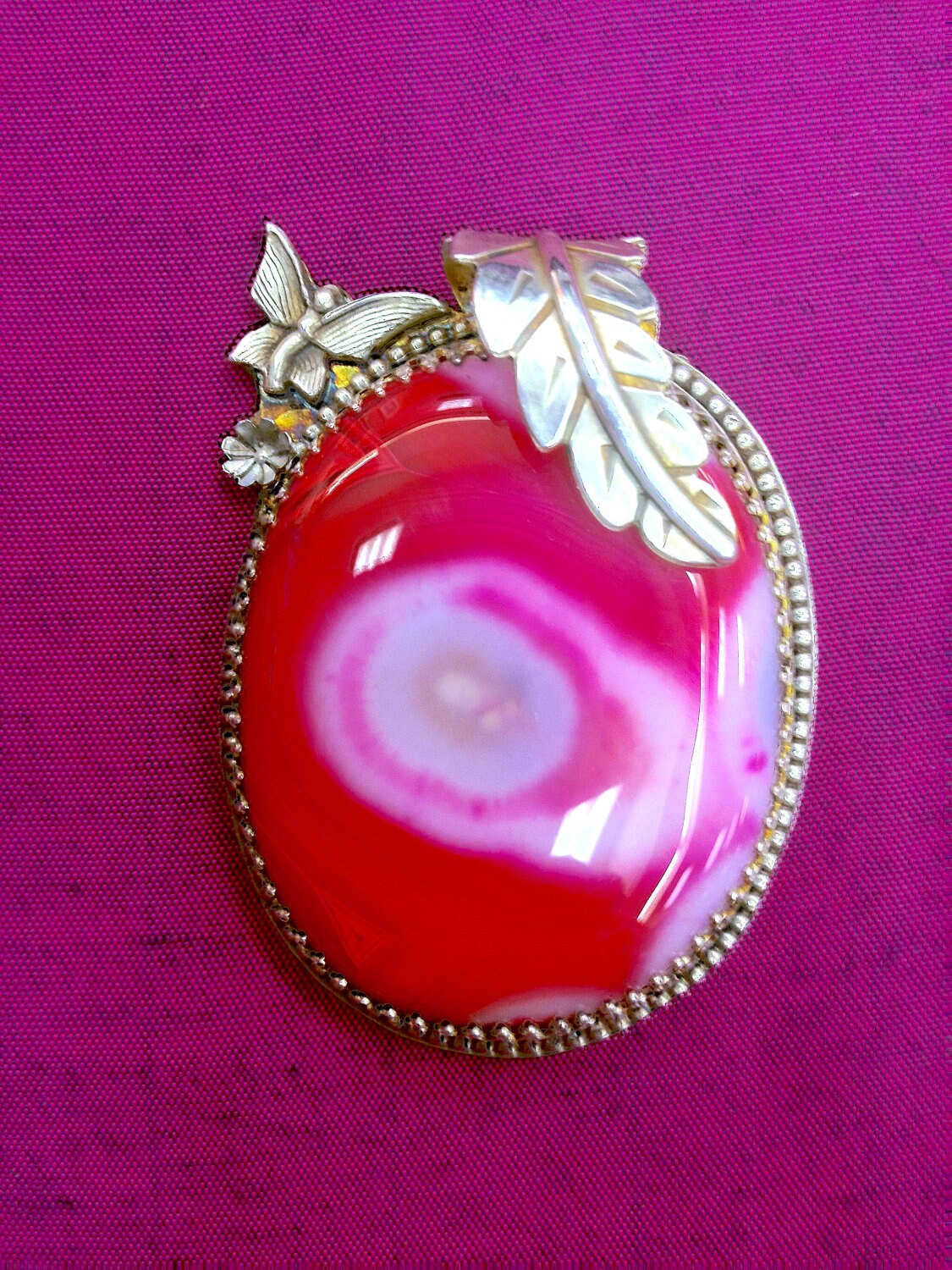Amazing Botswana Fancy Red & Pink Agate Large Cabochon Sterling Silver 925 Handmade Custom Butterfly Leaf Pendant