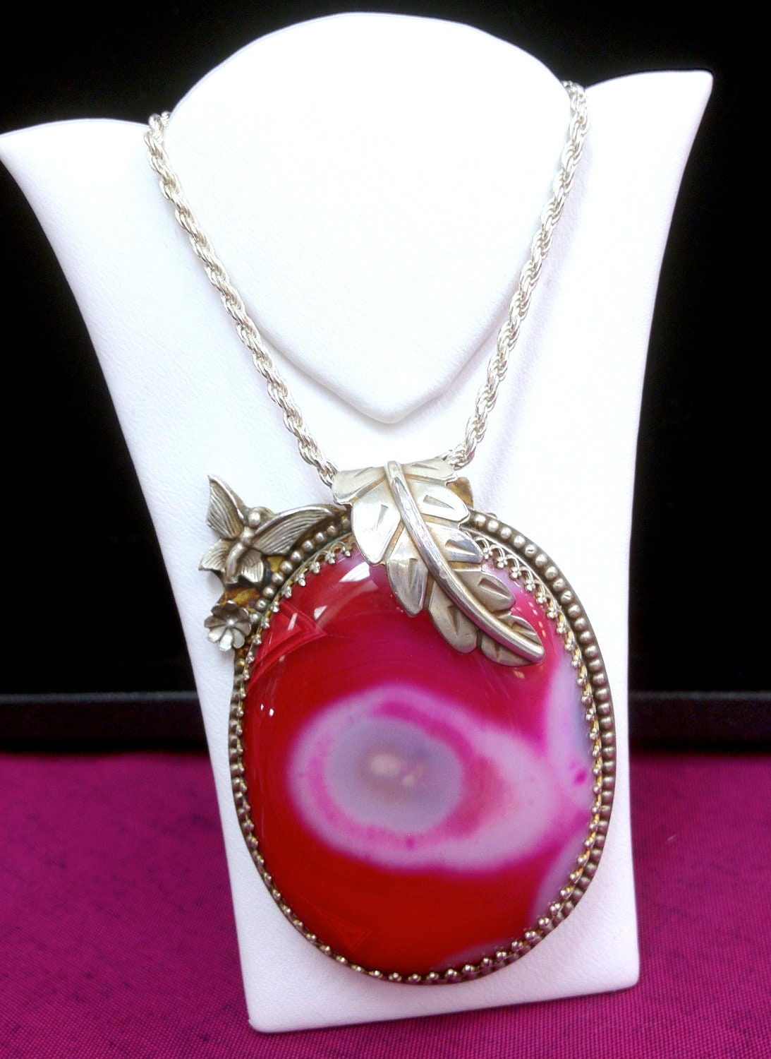 Amazing Botswana Fancy Red & Pink Agate Large Cabochon Sterling Silver 925 Handmade Custom Butterfly Leaf Pendant