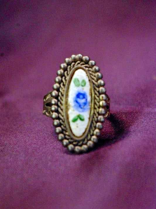 Gorgeous Sterling Cloisonné Enamel Blue Rose Ring