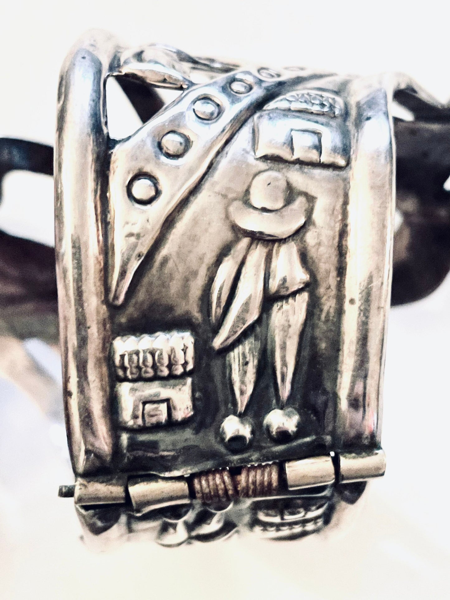 Antique Balladares Mexican Sterling Silver Storyteller Repoussé Hollow-work Gaucho Vaquero Cowboy Cactus Hinged Clamper Bracelet c.1920’s