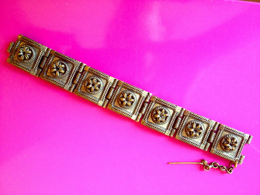 Amazing Antique Barbaric Cast Brass Bronze Pin Hinged Panel Bracelet