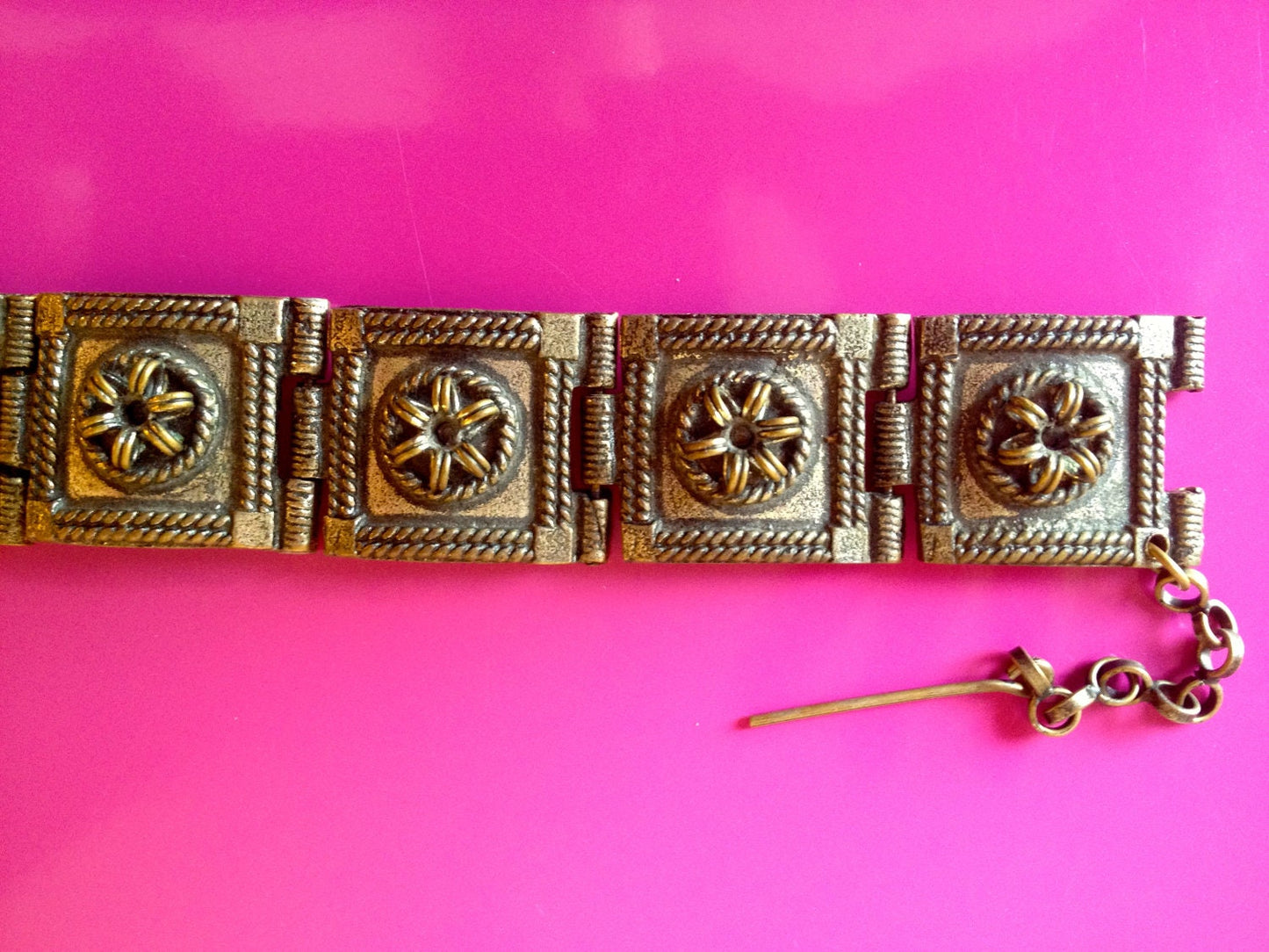Amazing Antique Barbaric Cast Brass Bronze Pin Hinged Panel Bracelet