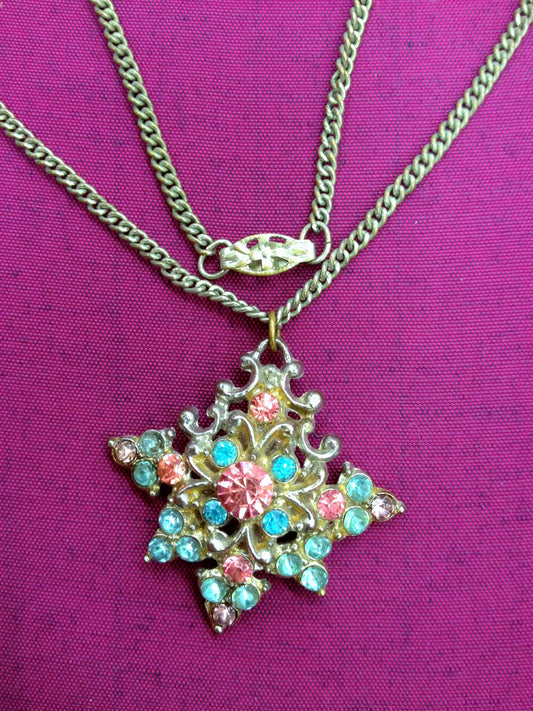 Antique Art Nouveau Hollywood Glamour Silver Pot Metal & Multi Colored Crystal Rhinestone Fruit Salad Necklace