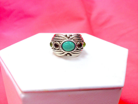 Vintage BARSE Signed Chunky Sterling Silver, Turquoise, Amethyst & Peridot Ring