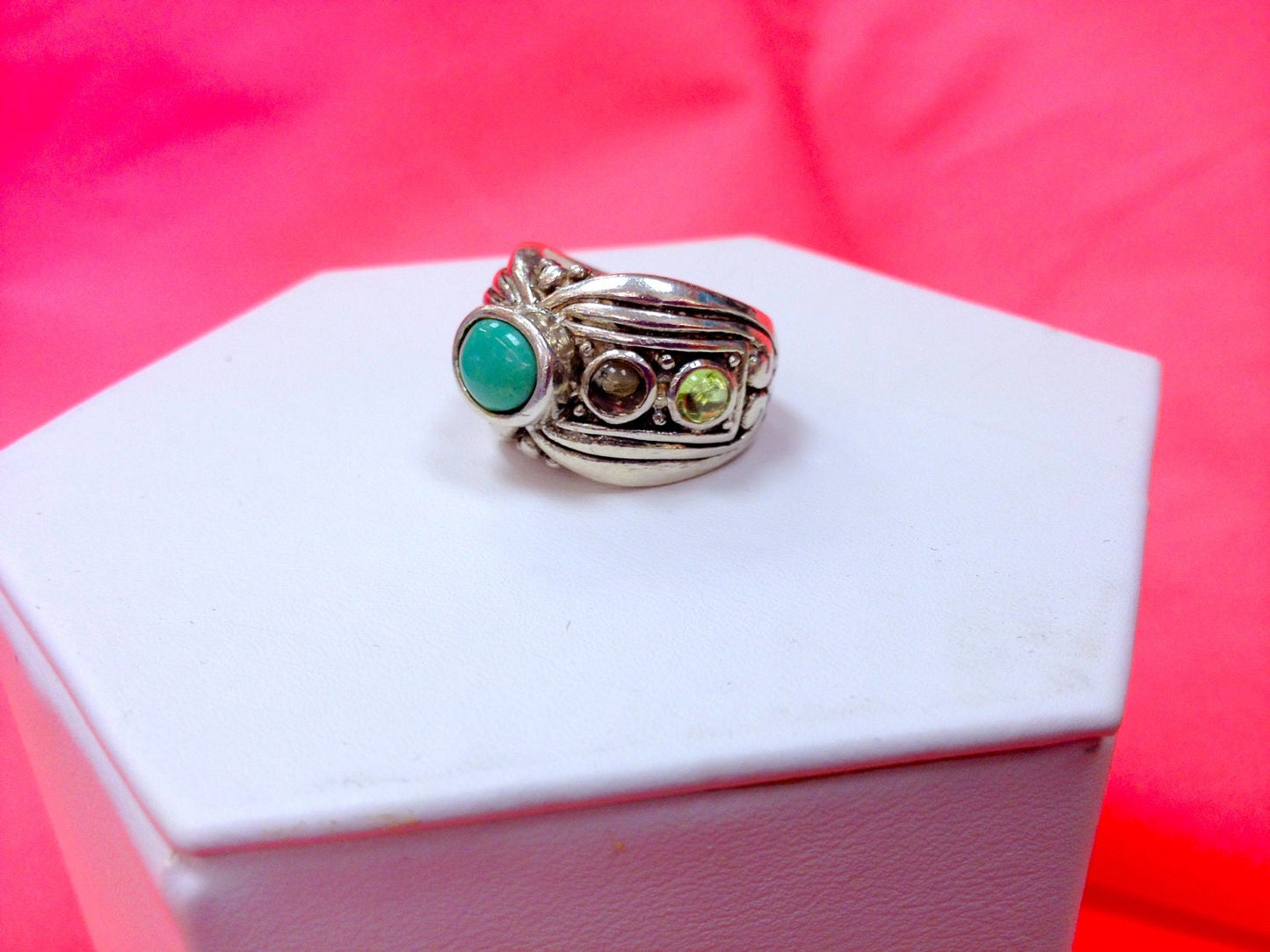 Vintage BARSE Signed Chunky Sterling Silver, Turquoise, Amethyst & Peridot Ring