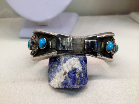 Antique Cast Native American Heavy Cuff Watch Bracelet Bezel Set with Turquoise