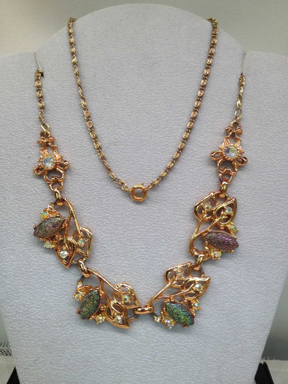 1950's Art Deco Hollywood Regency Necklace Rose Gold Tone Crystal and Carnival Art Glass