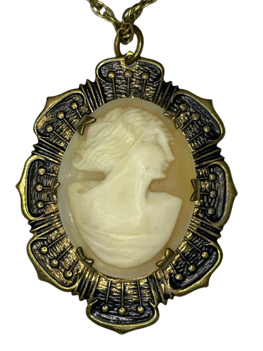 Victorian Carved Shell Cameo Gilded Locket Necklace