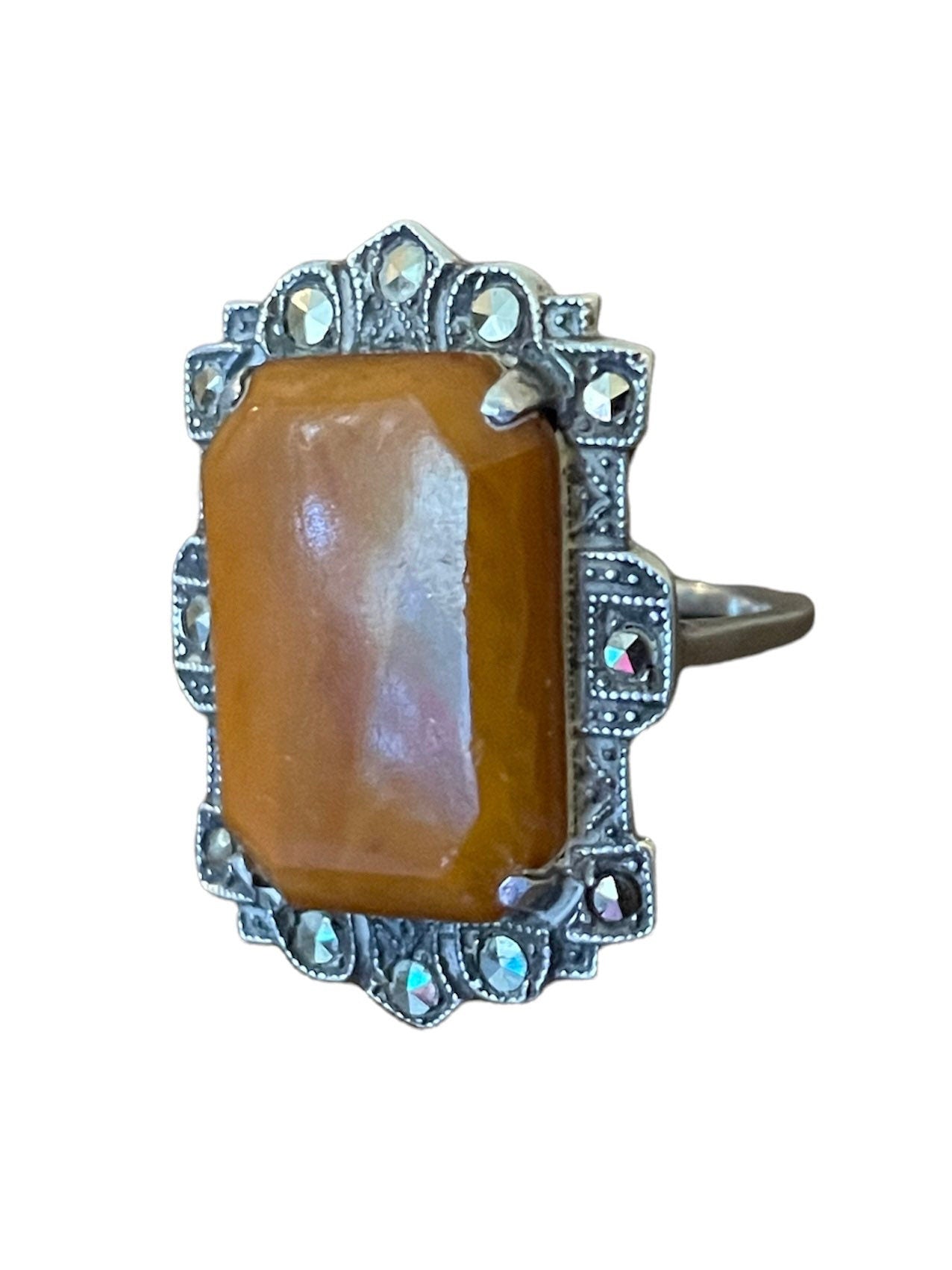 Antique Butterscotch Bakelite & Marcasite Sterling Silver Art Nouveau Ring