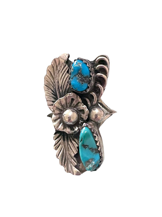 Native American Double Turquoise Gemstone Sterling Silver Vintage Ring