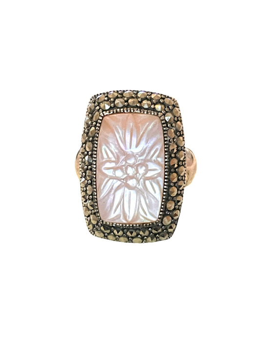 Carved Pink Mother of Pearl & Marcasite Vintage Sterling Ring