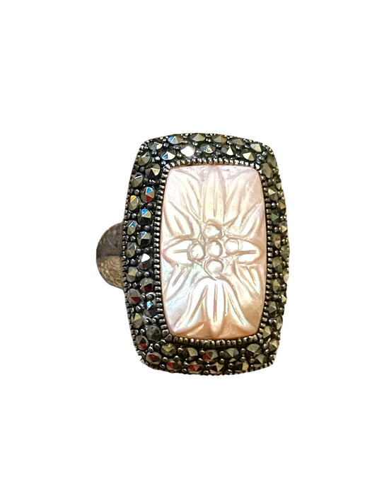 Carved Pink Mother of Pearl & Marcasite Vintage Sterling Ring