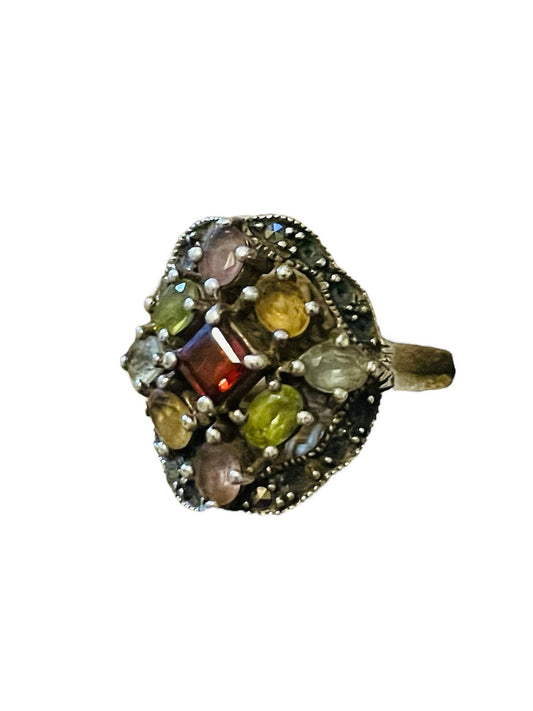 Multi Stone Fruit Salad Gemstone & Marcasite Sterling Vintage Ring