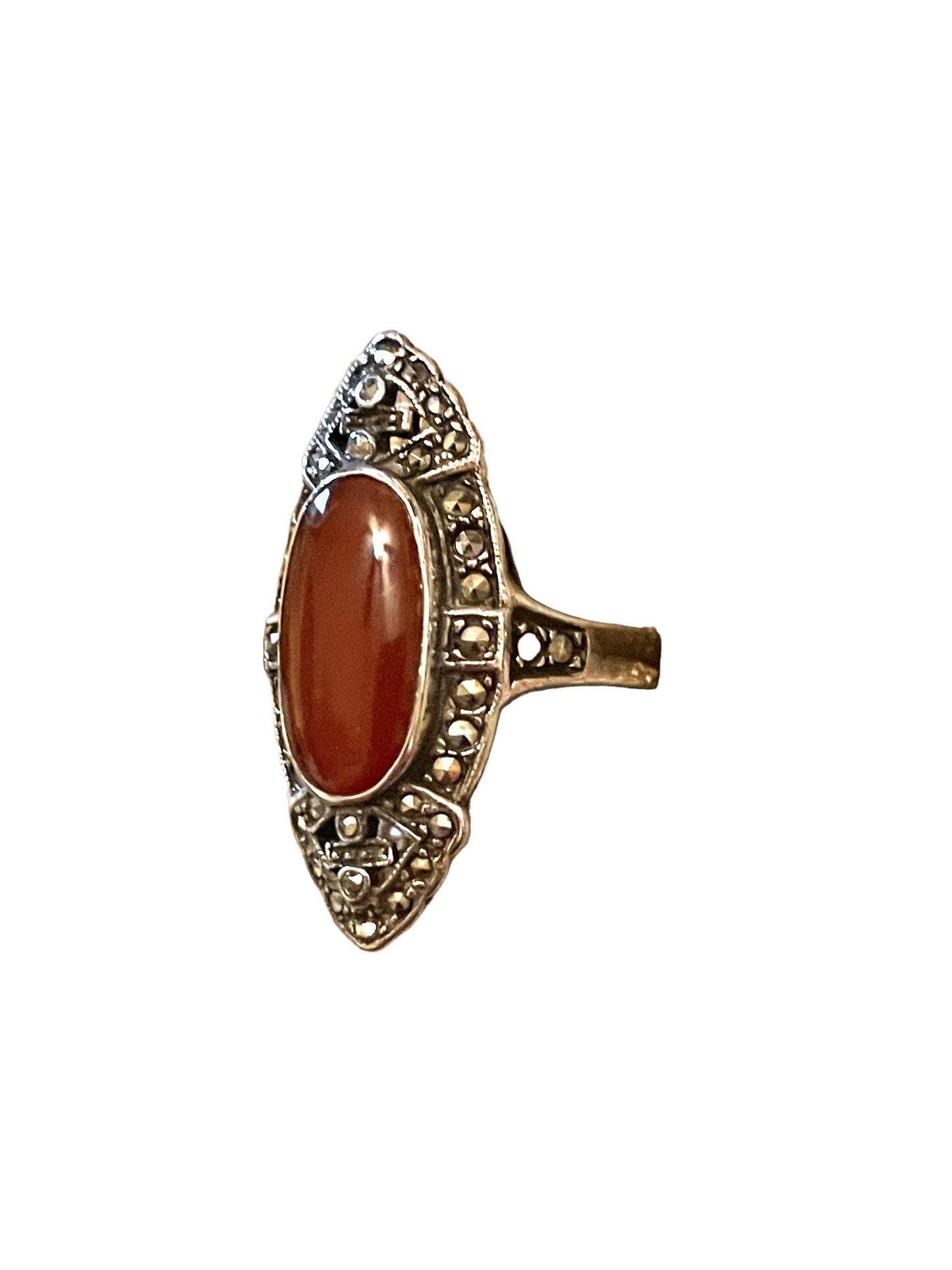 Carnelian & Marcasite Art Deco Sterling Silver and Marcasite Ring