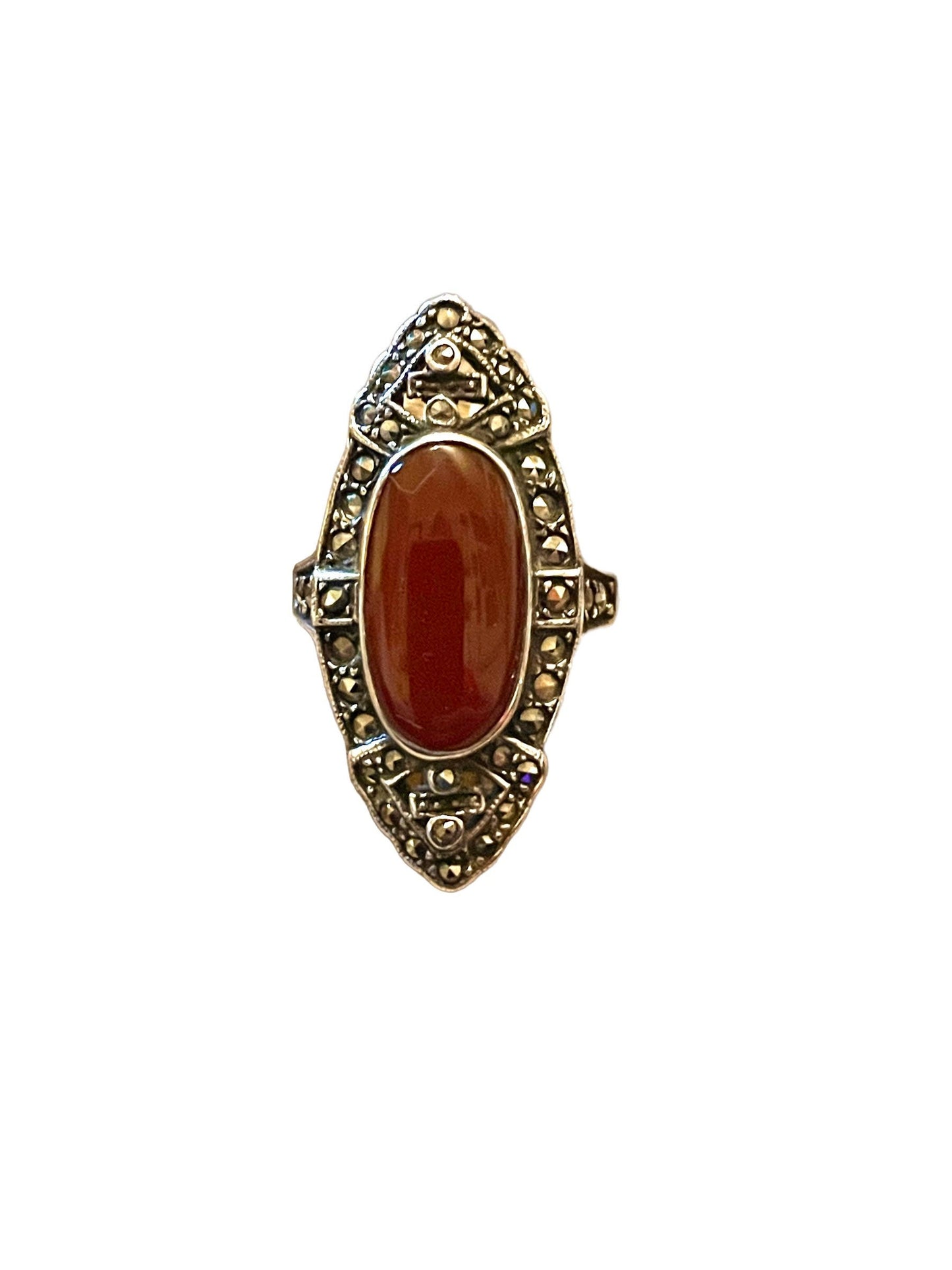 Carnelian & Marcasite Art Deco Sterling Silver and Marcasite Ring