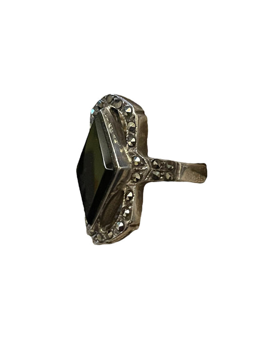 Diamond Cut Black Onyx & Marcasite Sterling Silver Art Deco Ring