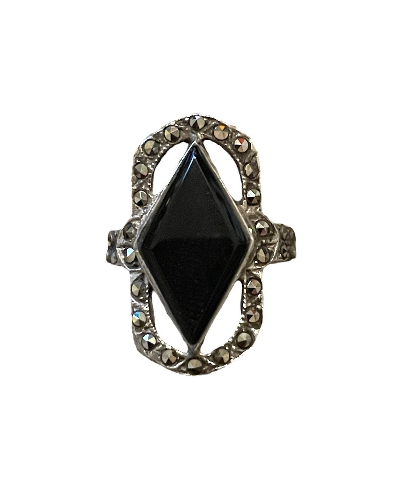 Diamond Cut Black Onyx & Marcasite Sterling Silver Art Deco Ring