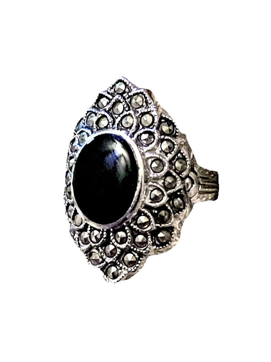 Black Onyx & Marcasite Gothic Mourning Sterling Silver Art Deco Ring