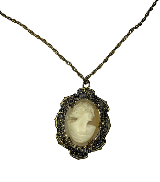 Victorian Carved Shell Cameo Gilded Locket Necklace
