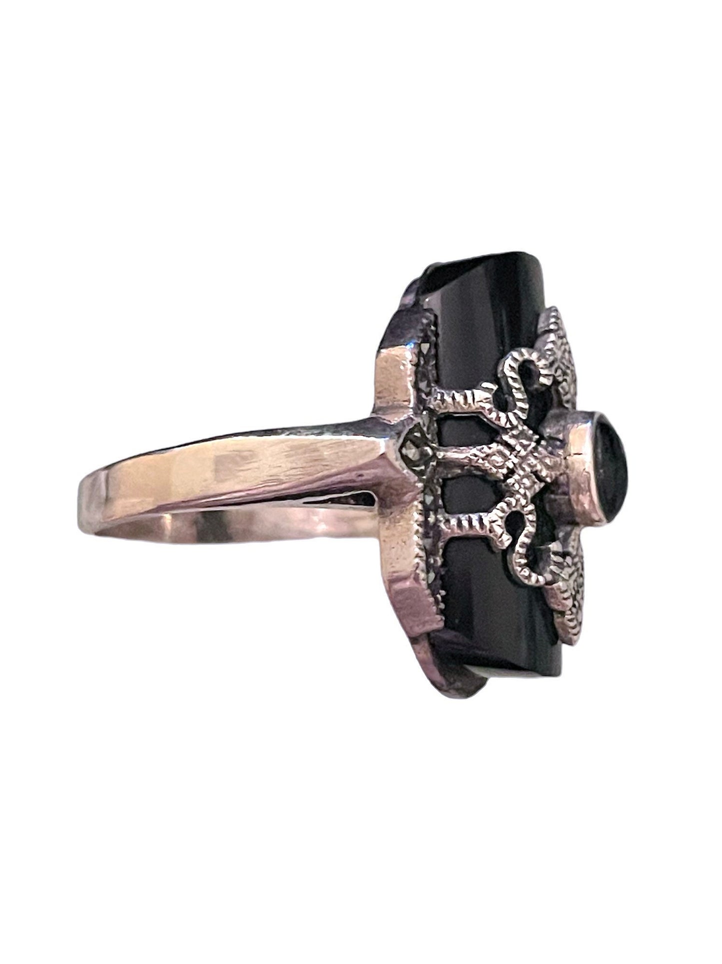 Art Nouveau Sterling, Onyx & Marcasite Ring