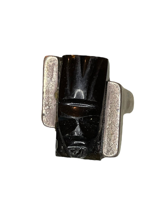 Vintage Black Onyx Mexican Mask Sterling Silver RING