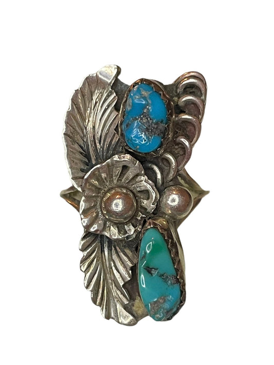 Native American Double Turquoise Gemstone Sterling Silver Vintage Ring