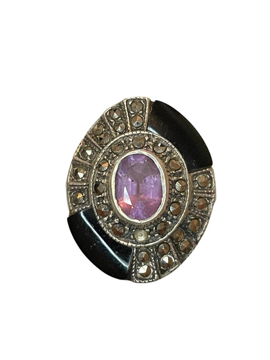 Vintage Amethyst, Onyx & Marcasite Art Deco Sterling Silver Ring
