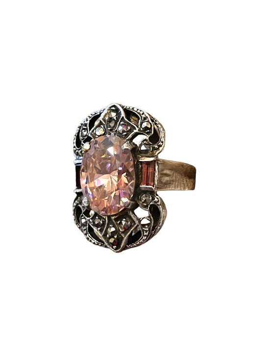 Pink Topaz & Garnet Sterling Silver Art Deco Ring with Marcasite