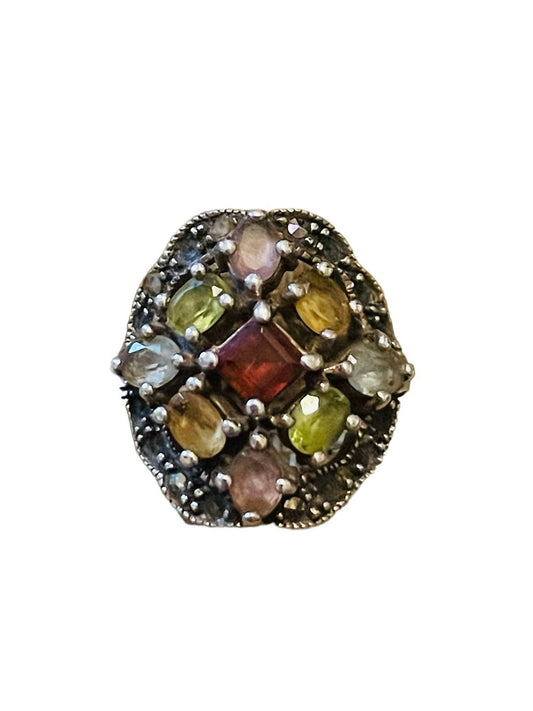 Multi Stone Fruit Salad Gemstone & Marcasite Sterling Vintage Ring